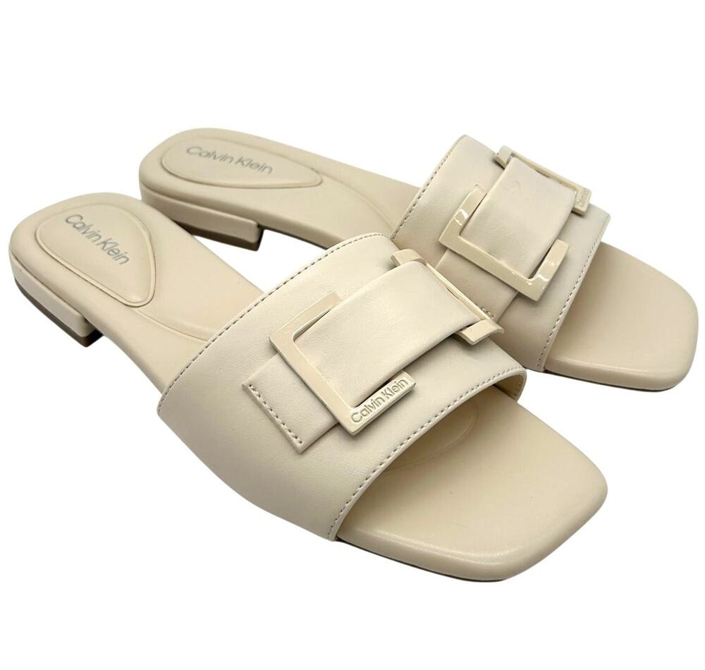 Calvin Klein Tangelo Buckle Slide Sandal Square Toe Faux Leather Size 8.5 Summer
